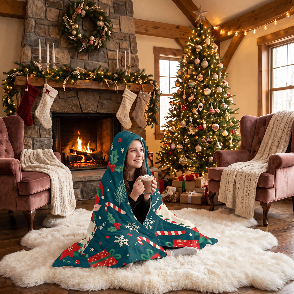 Custom name elf letter from North Pole Christmas hooded blanket, view 5