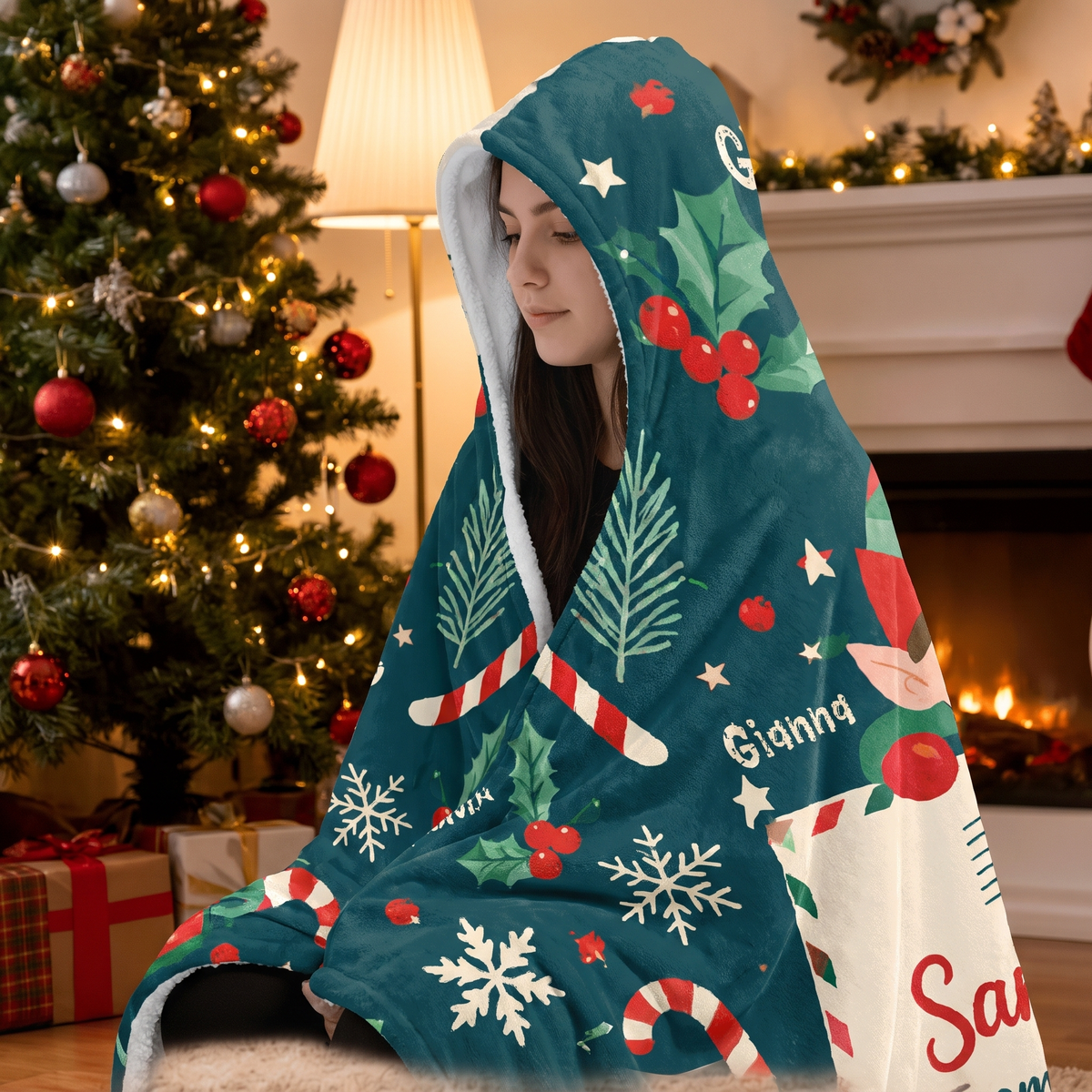 Custom name elf letter from North Pole Christmas hooded blanket, view 6