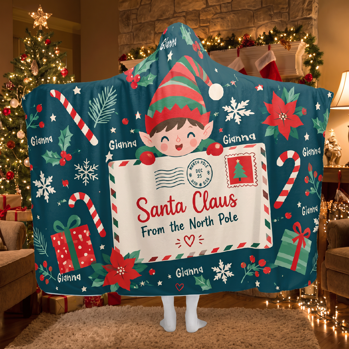 Custom name elf letter from North Pole Christmas hooded blanket, view 7