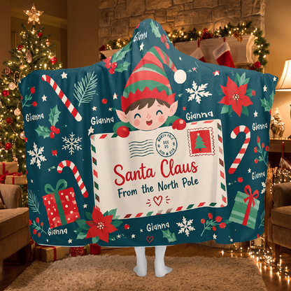 Custom name elf letter from North Pole Christmas hooded blanket, view 7