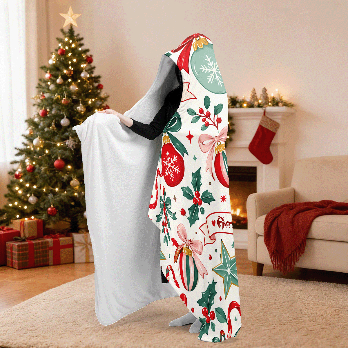 Personalized ribbon ornament banner hooded blanket side view showing the sherpa lining