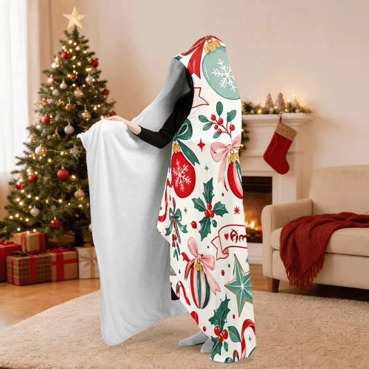 Personalized ribbon ornament banner hooded blanket side view showing the sherpa lining