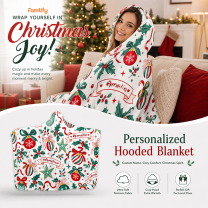 Custom name ribbon ornament banner Christmas hooded blanket, view 7