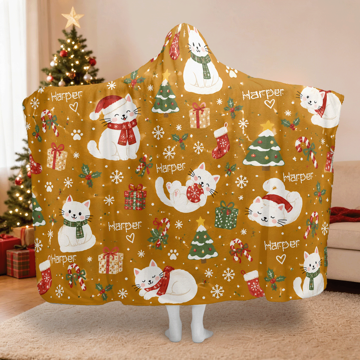 Personalized cozy Christmas kitties hooded blanket with custom name, back view