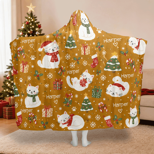Personalized cozy Christmas kitties hooded blanket with custom name, back view