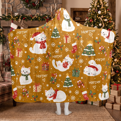 Custom name cozy Christmas kitties hooded blanket, view 3