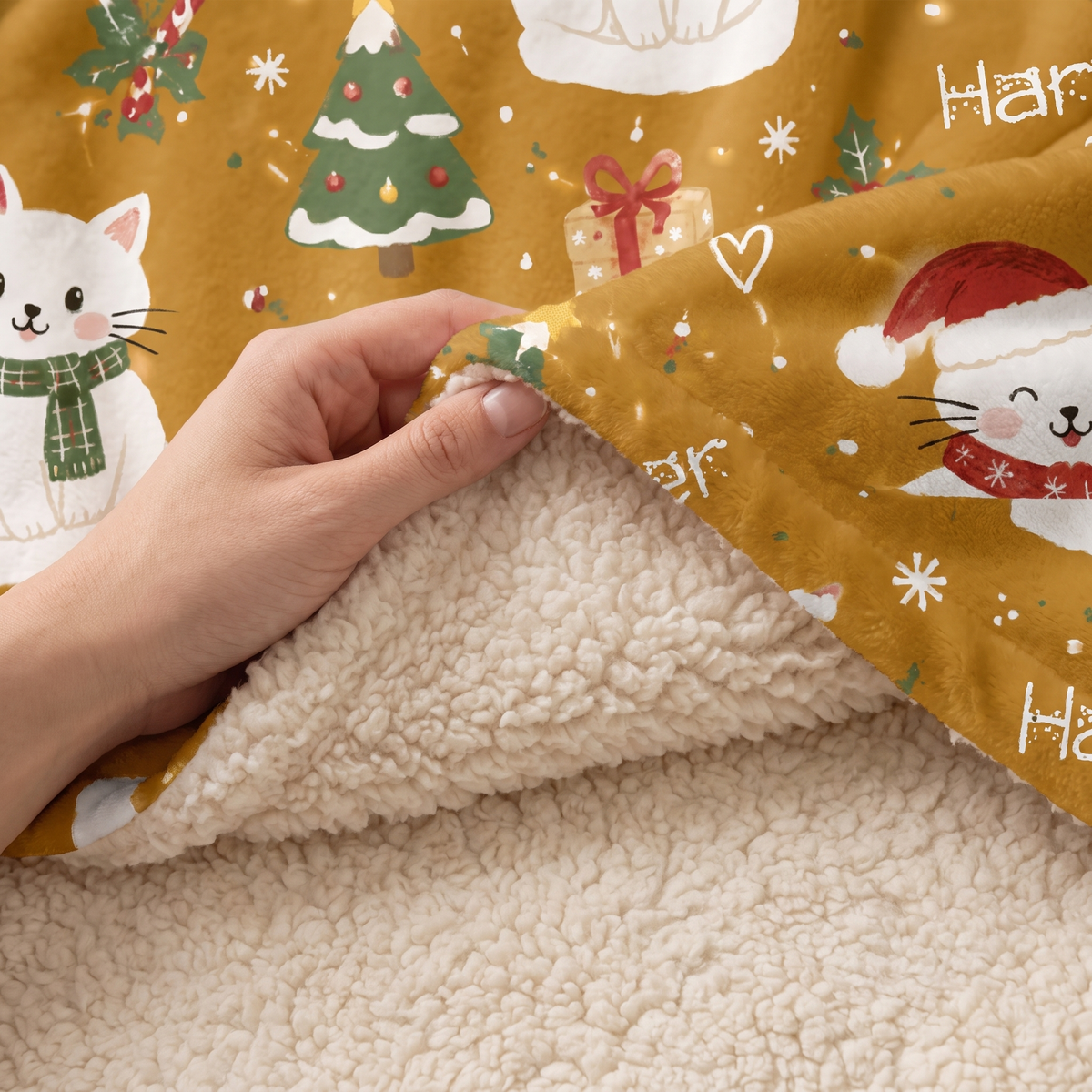 Custom name cozy Christmas kitties hooded blanket, view 4