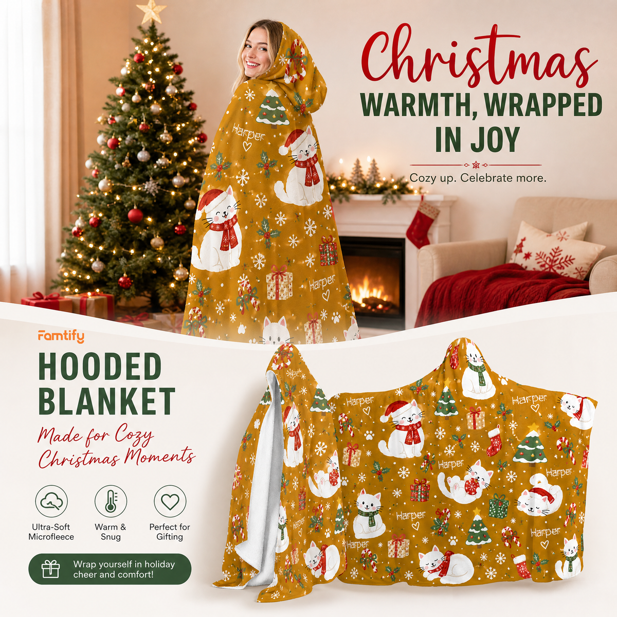 Custom name cozy Christmas kitties hooded blanket, view 7