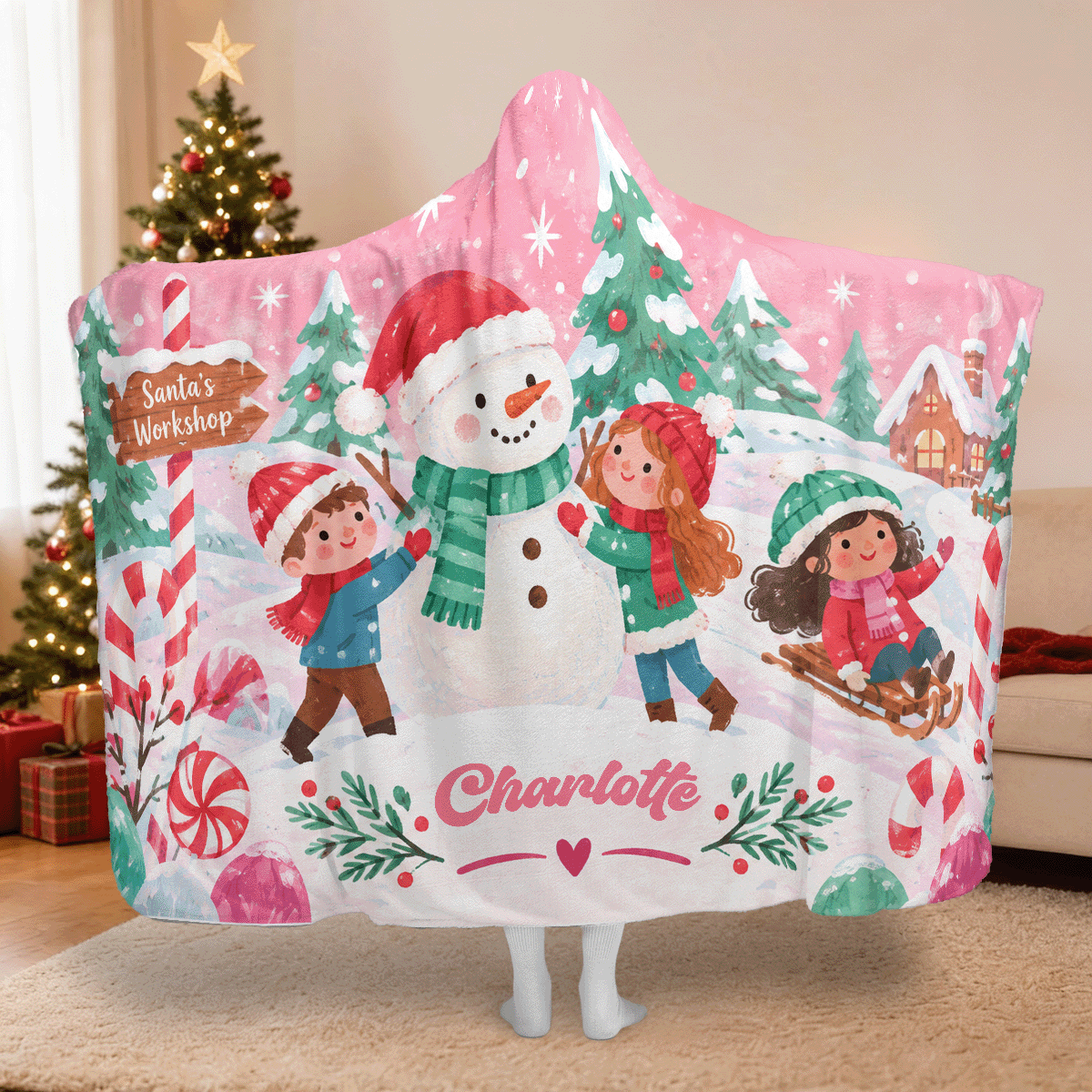Personalized kids building snowman Christmas hooded blanket with custom name, back view