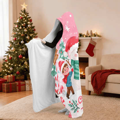 Personalized kids building snowman hooded blanket side view showing the sherpa lining