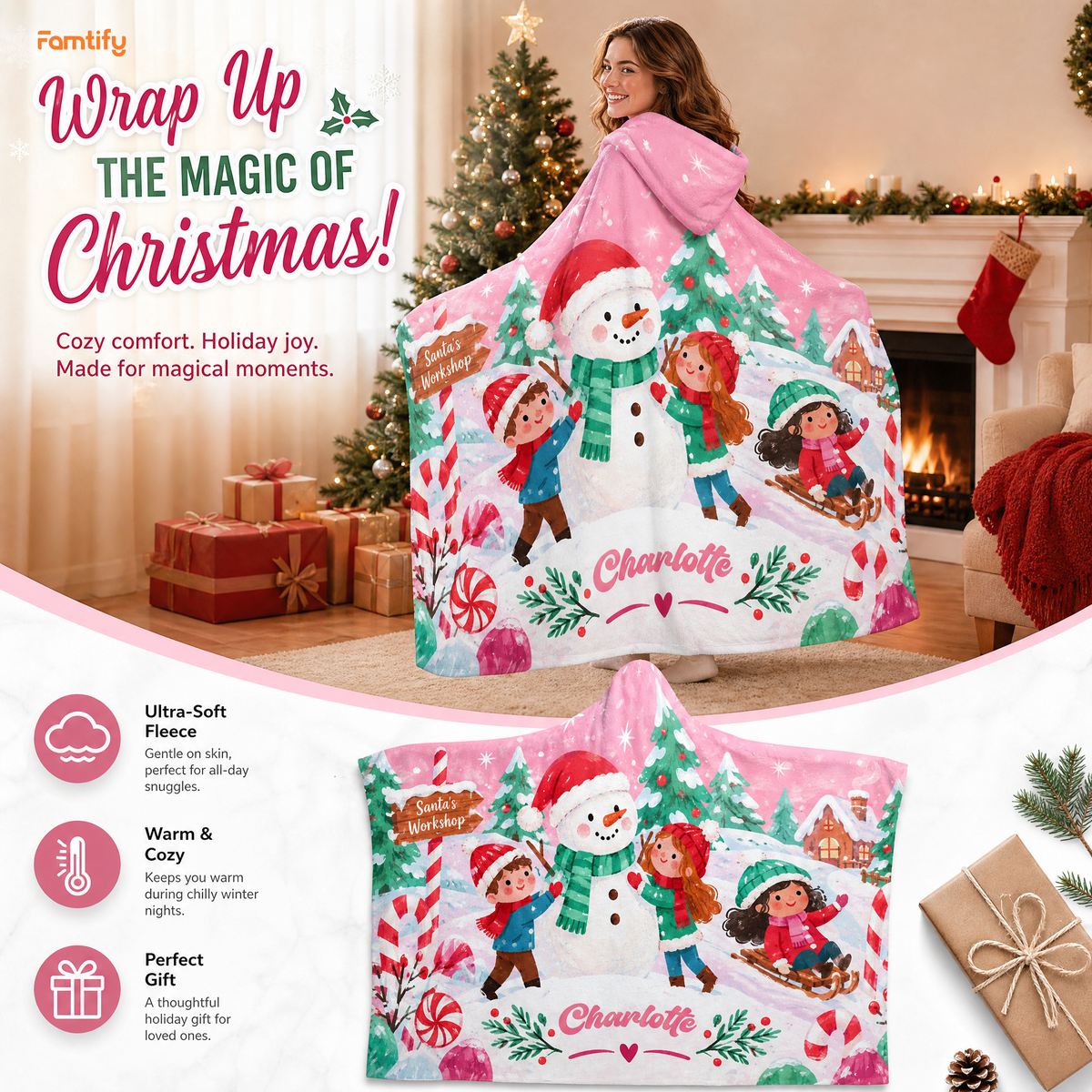 Custom name kids building snowman Christmas hooded blanket, view 3