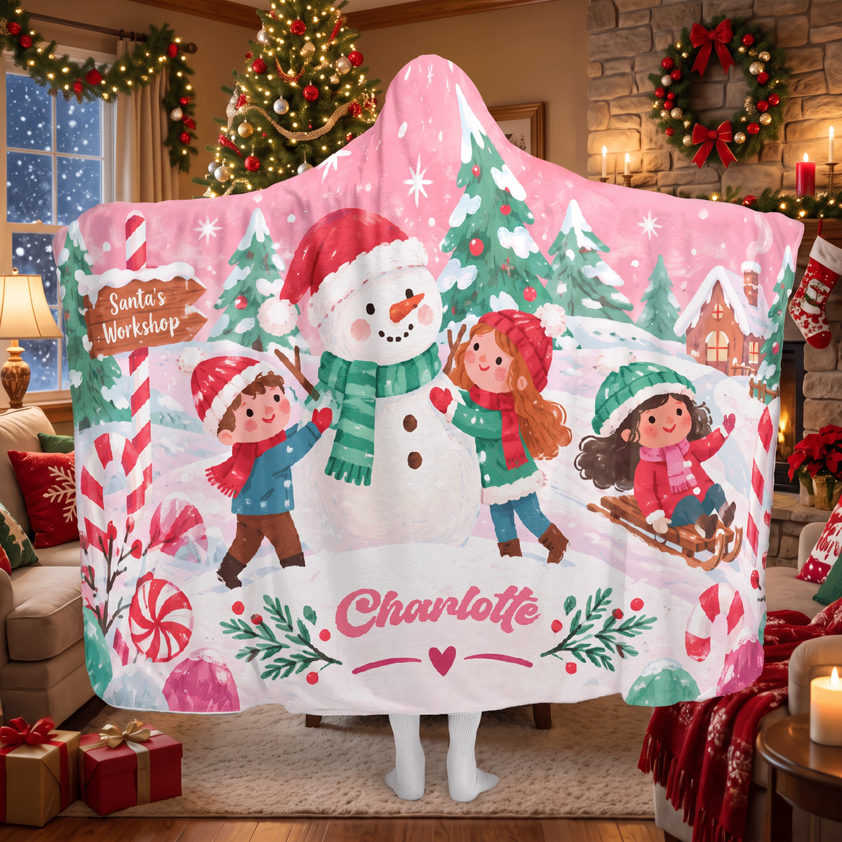 Custom name kids building snowman Christmas hooded blanket, view 4