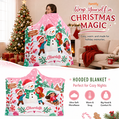 Custom name kids building snowman Christmas hooded blanket, view 8