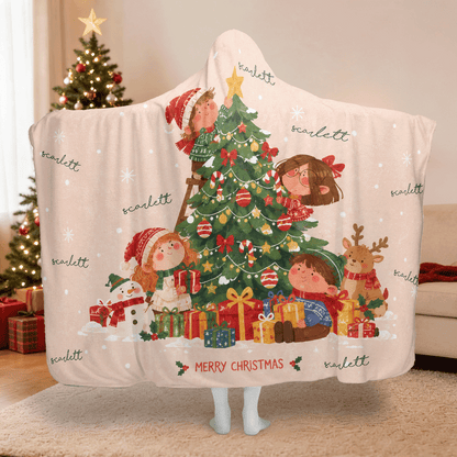 Personalized Christmas tree kids hooded blanket with custom name, back view