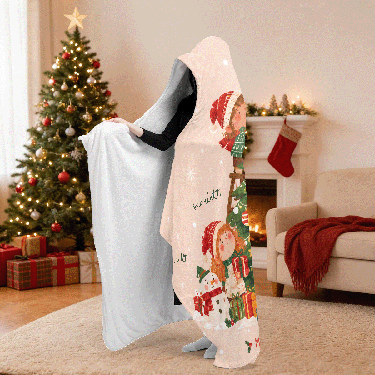Personalized Christmas hooded blanket side view showing the sherpa lining