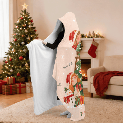 Personalized Christmas hooded blanket side view showing the sherpa lining