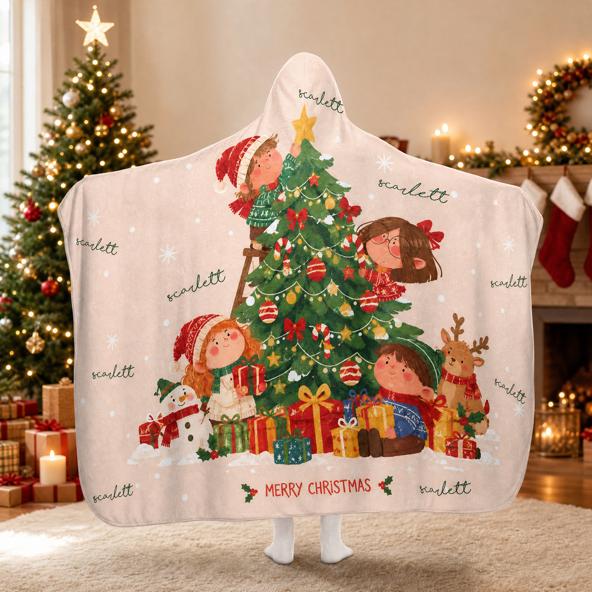 Custom name Christmas tree kids hooded blanket, view 4