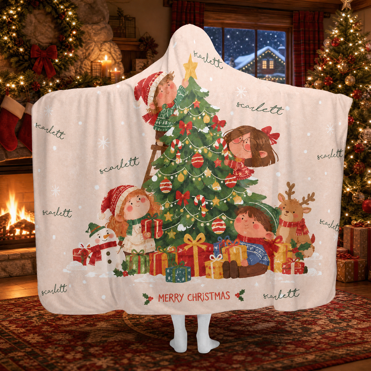 Custom name Christmas tree kids hooded blanket by a cozy fireplace