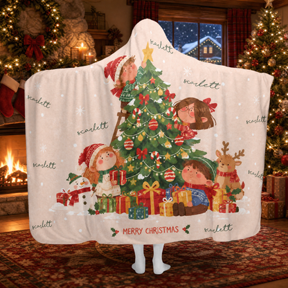 Custom name Christmas tree kids hooded blanket by a cozy fireplace