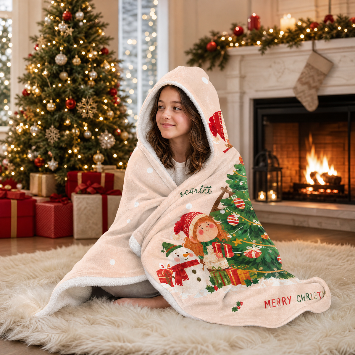 Girl sitting in a personalized Christmas hooded blanket by the tree