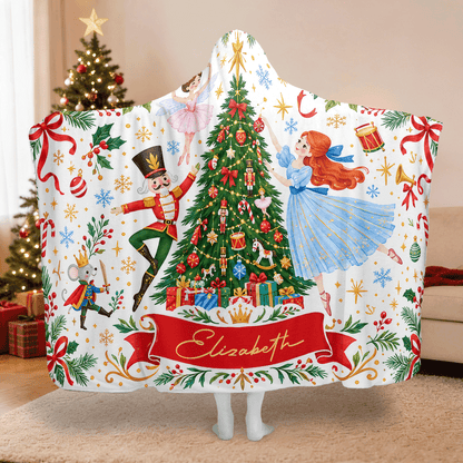 Personalized nutcracker ballet Christmas tree hooded blanket with custom name, back view