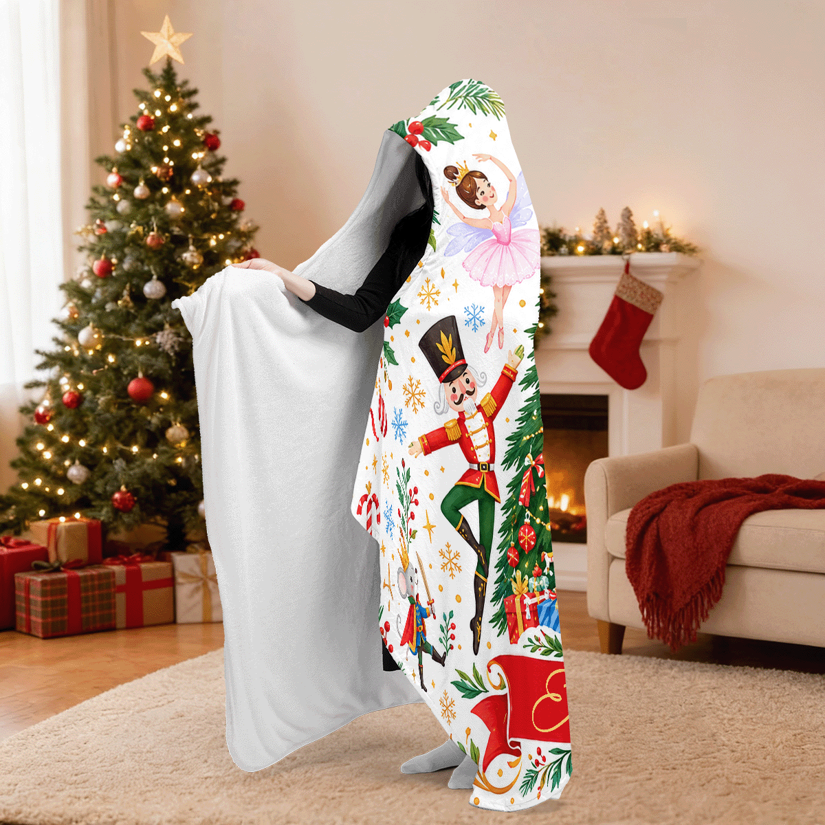 Personalized nutcracker ballet Christmas tree hooded blanket side view showing the sherpa lining