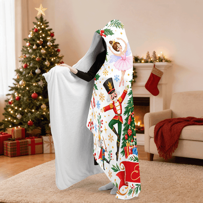 Personalized nutcracker ballet Christmas tree hooded blanket side view showing the sherpa lining