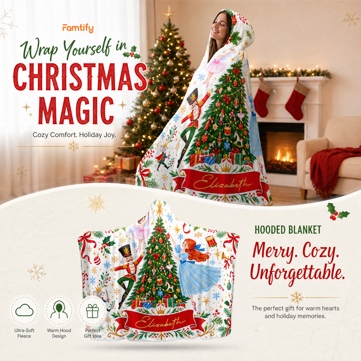 Custom name nutcracker ballet Christmas tree hooded blanket, view 3