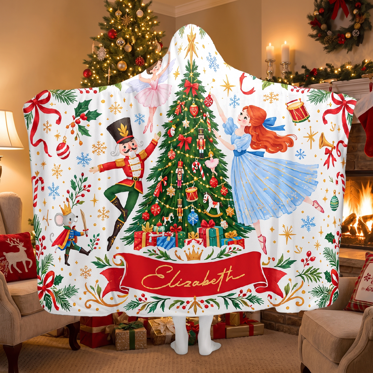 Custom name nutcracker ballet Christmas tree hooded blanket, view 4