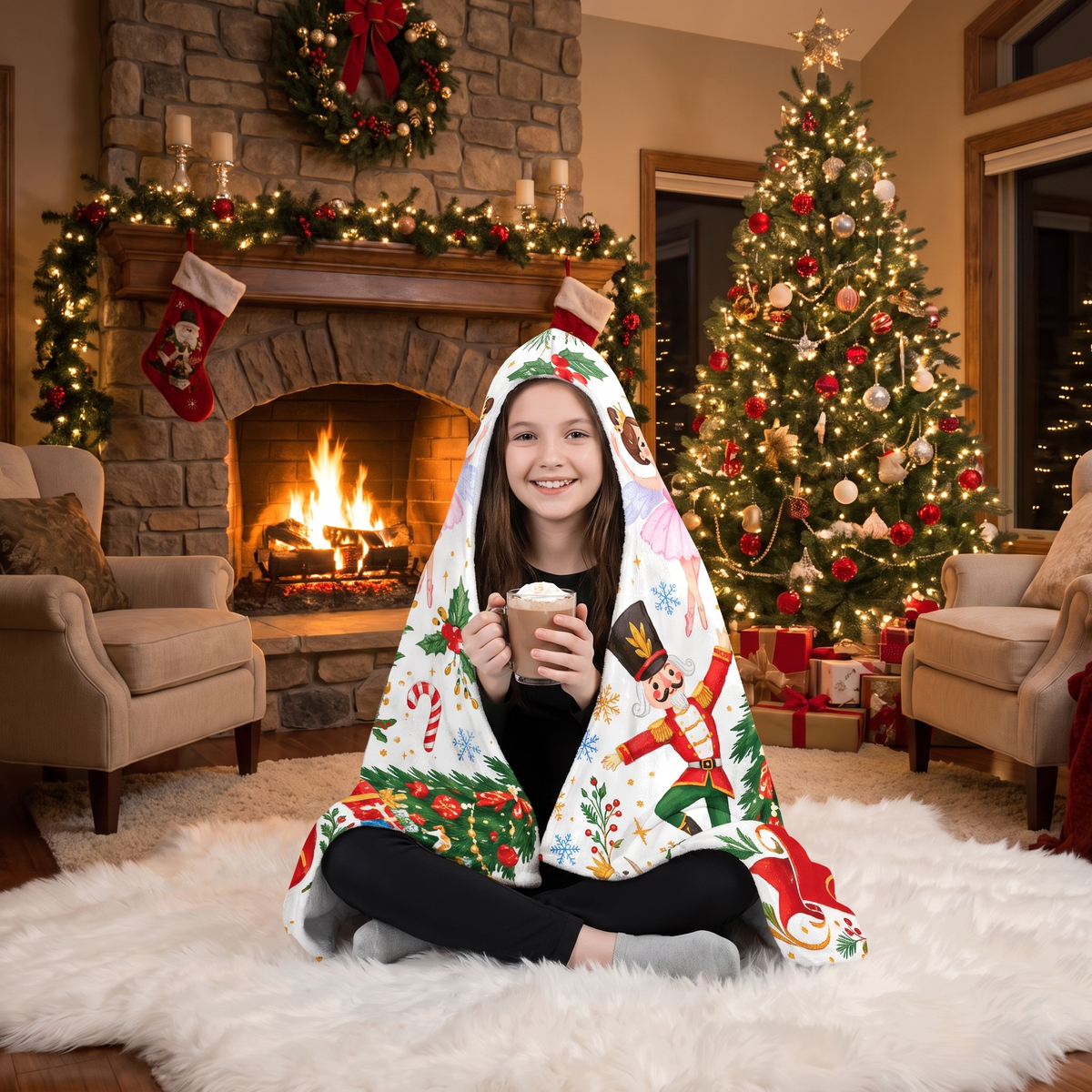 Custom name nutcracker ballet Christmas tree hooded blanket, view 6