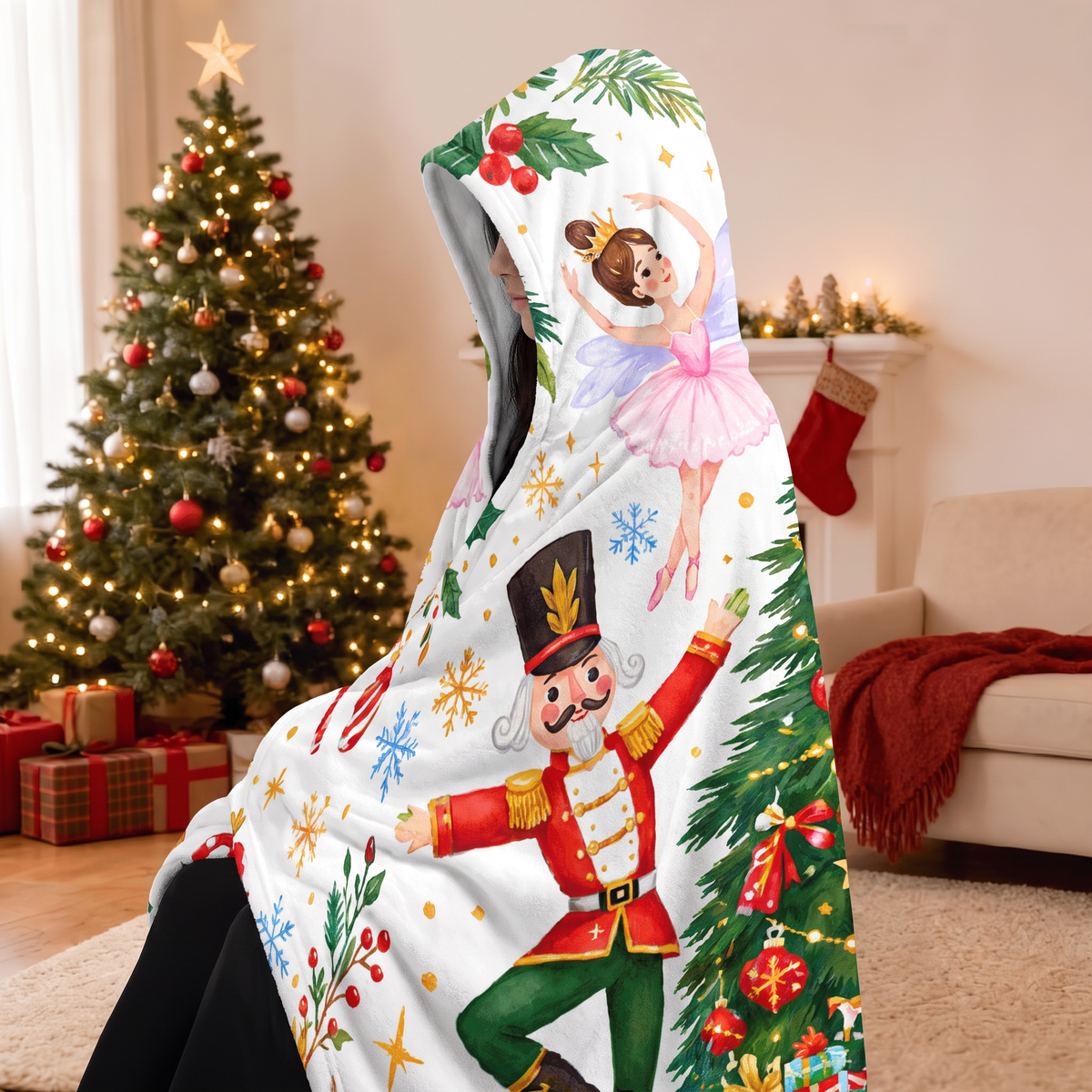 Custom name nutcracker ballet Christmas tree hooded blanket, view 7
