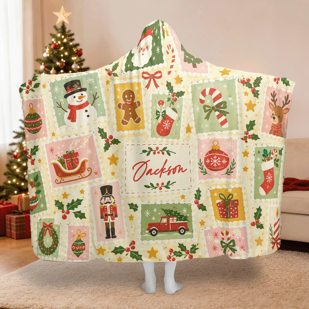 Personalized vintage holiday stamps Christmas hooded blanket with custom name, back view