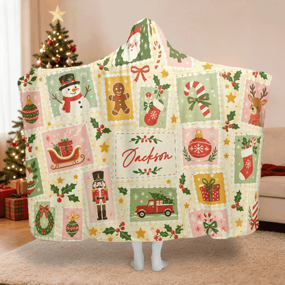 Personalized vintage holiday stamps Christmas hooded blanket with custom name, back view