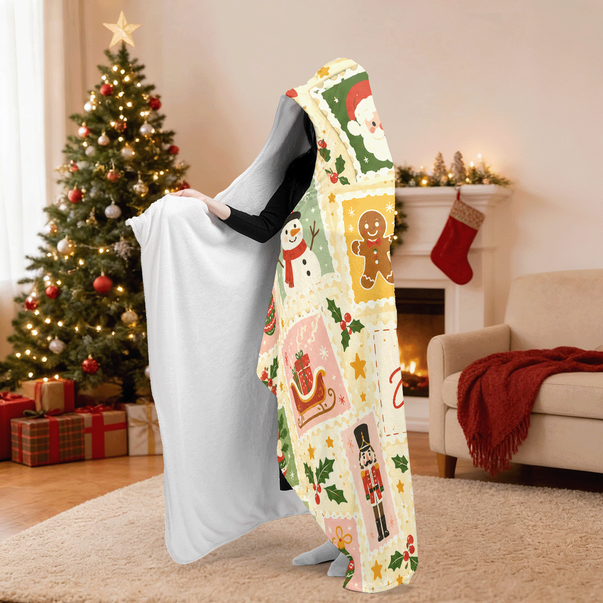 Personalized vintage holiday stamps hooded blanket side view showing the sherpa lining