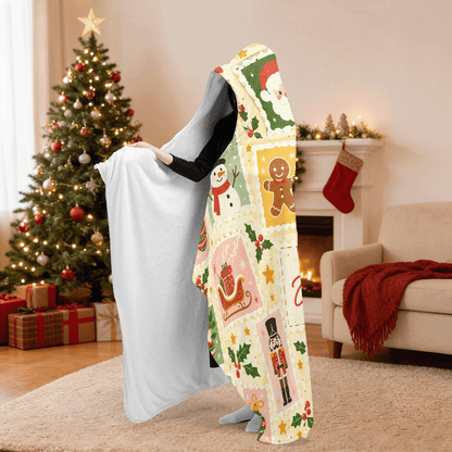 Personalized vintage holiday stamps hooded blanket side view showing the sherpa lining