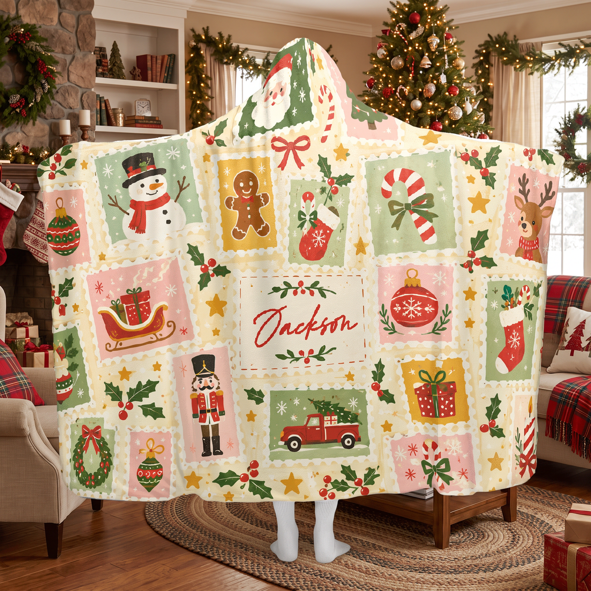Custom name vintage holiday stamps Christmas hooded blanket, view 3