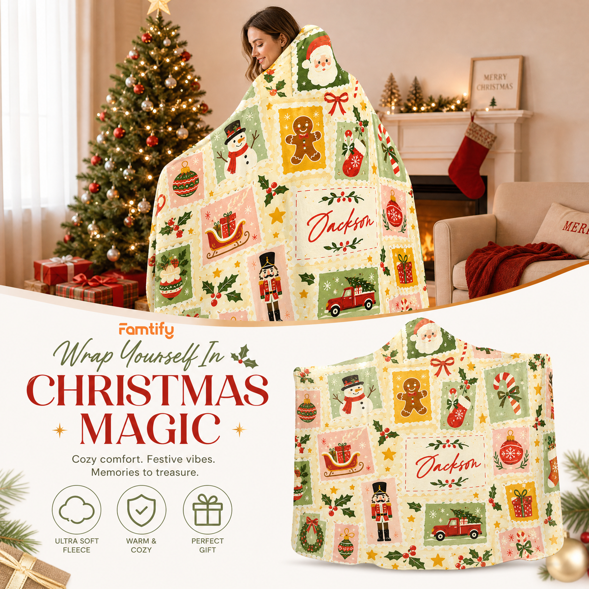 Custom name vintage holiday stamps Christmas hooded blanket, view 7