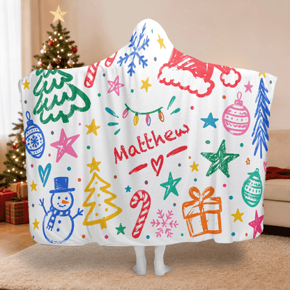 Personalized crayon doodle Christmas hooded blanket with custom name, back view