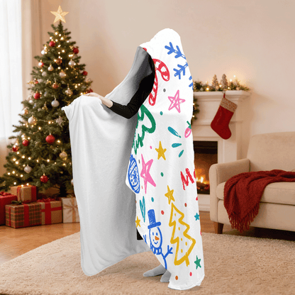 Personalized crayon doodle Christmas hooded blanket side view showing the sherpa lining