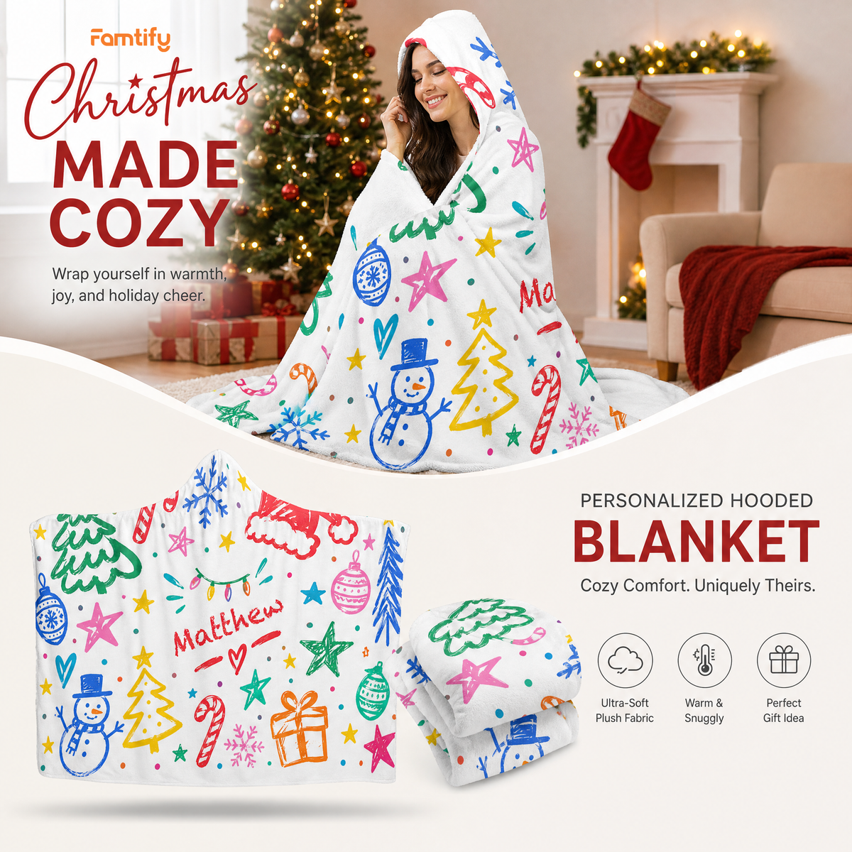 Custom name crayon doodle Christmas hooded blanket, view 3