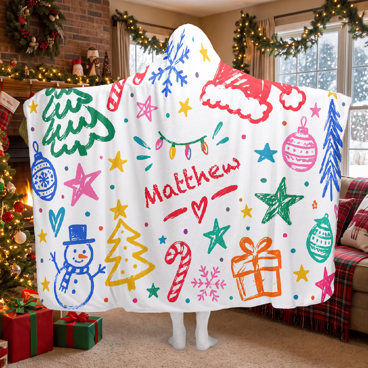 Custom name crayon doodle Christmas hooded blanket, view 4