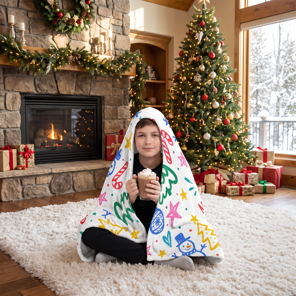 Custom name crayon doodle Christmas hooded blanket, view 6