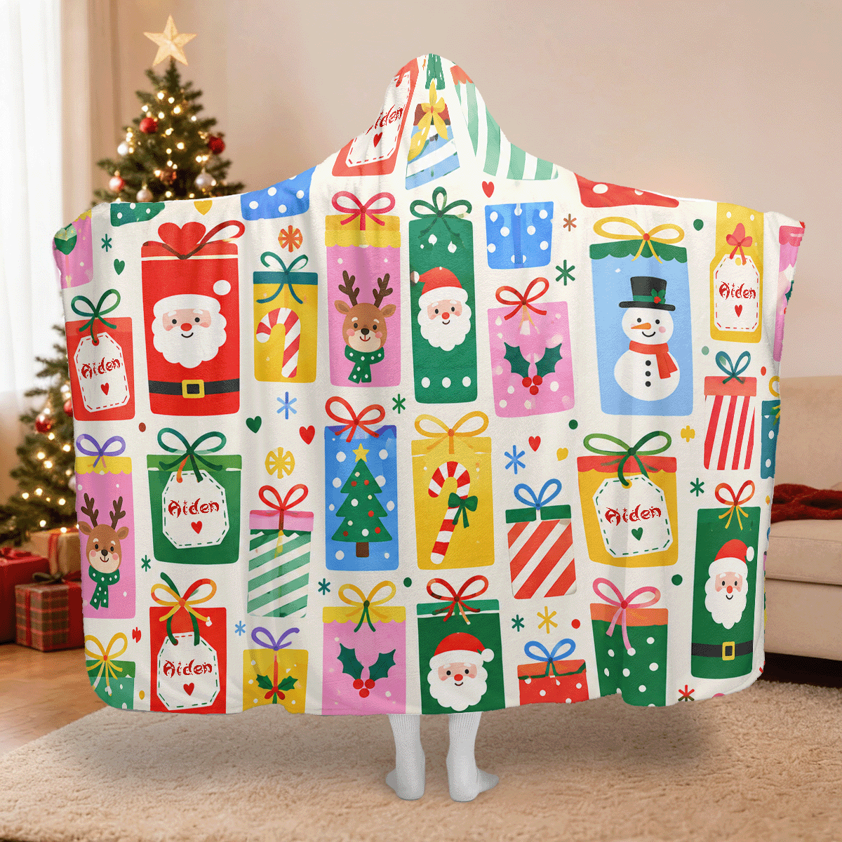 Personalized Christmas gift box pattern hooded blanket with custom name, back view