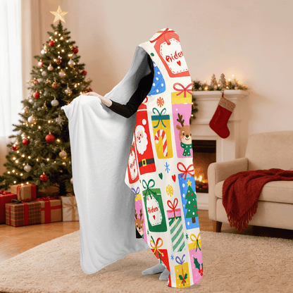 Personalized Christmas gift box pattern hooded blanket side view showing the sherpa lining
