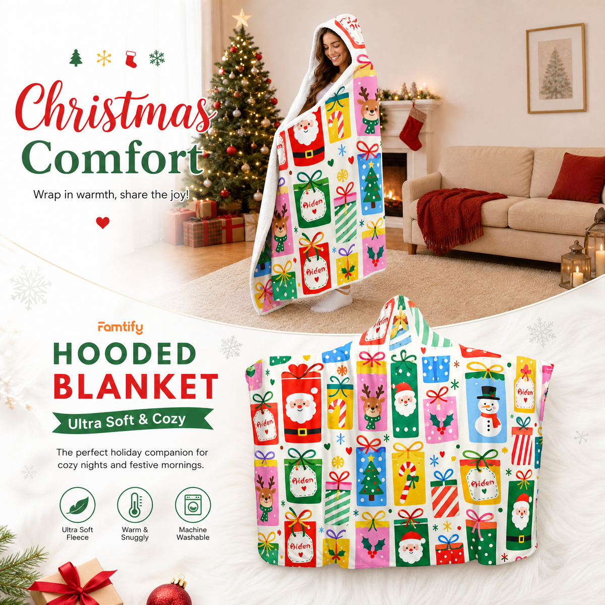 Custom name Christmas gift box pattern hooded blanket, view 3