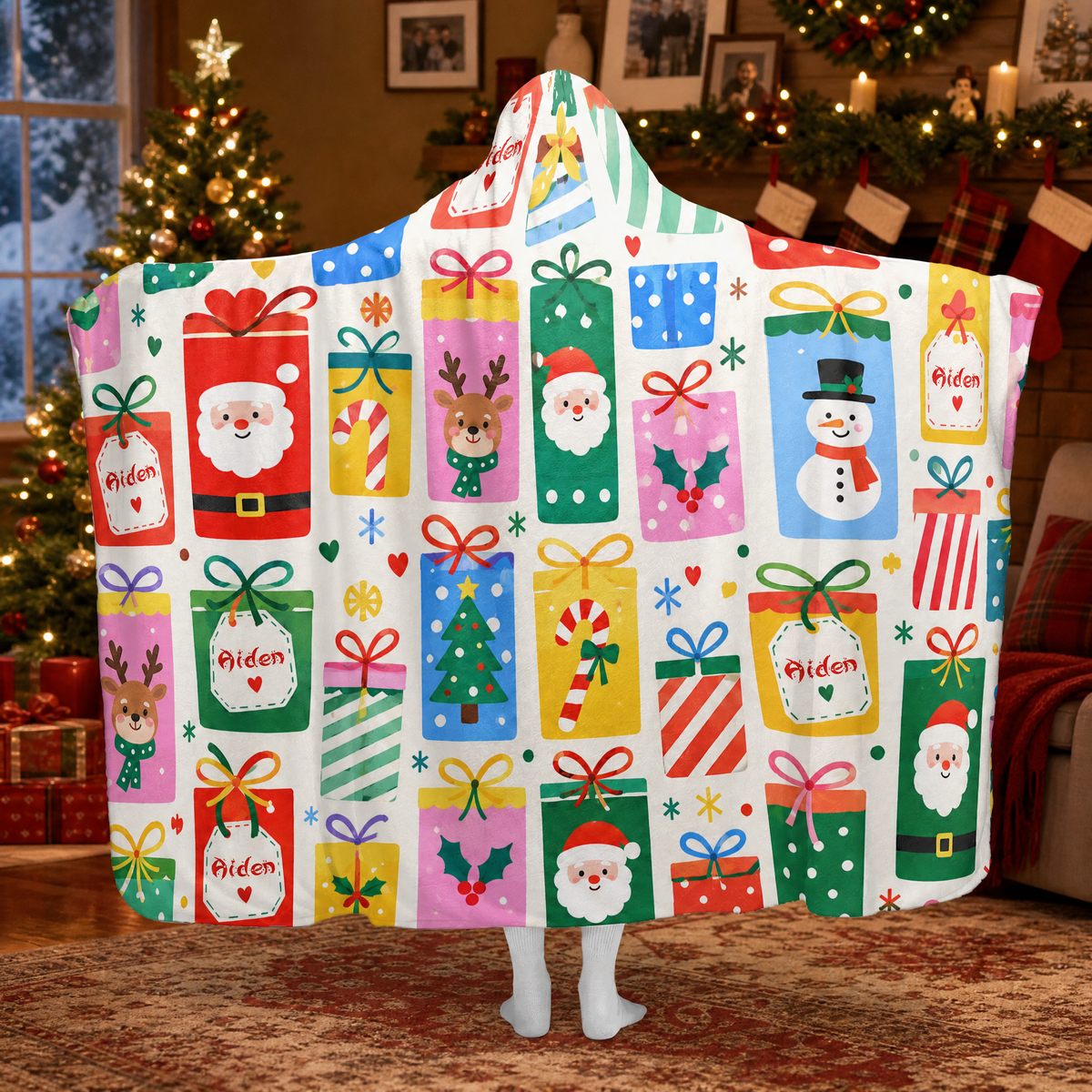 Custom name Christmas gift box pattern hooded blanket, view 4