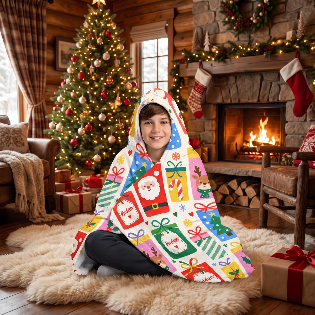 Custom name Christmas gift box pattern hooded blanket, view 6