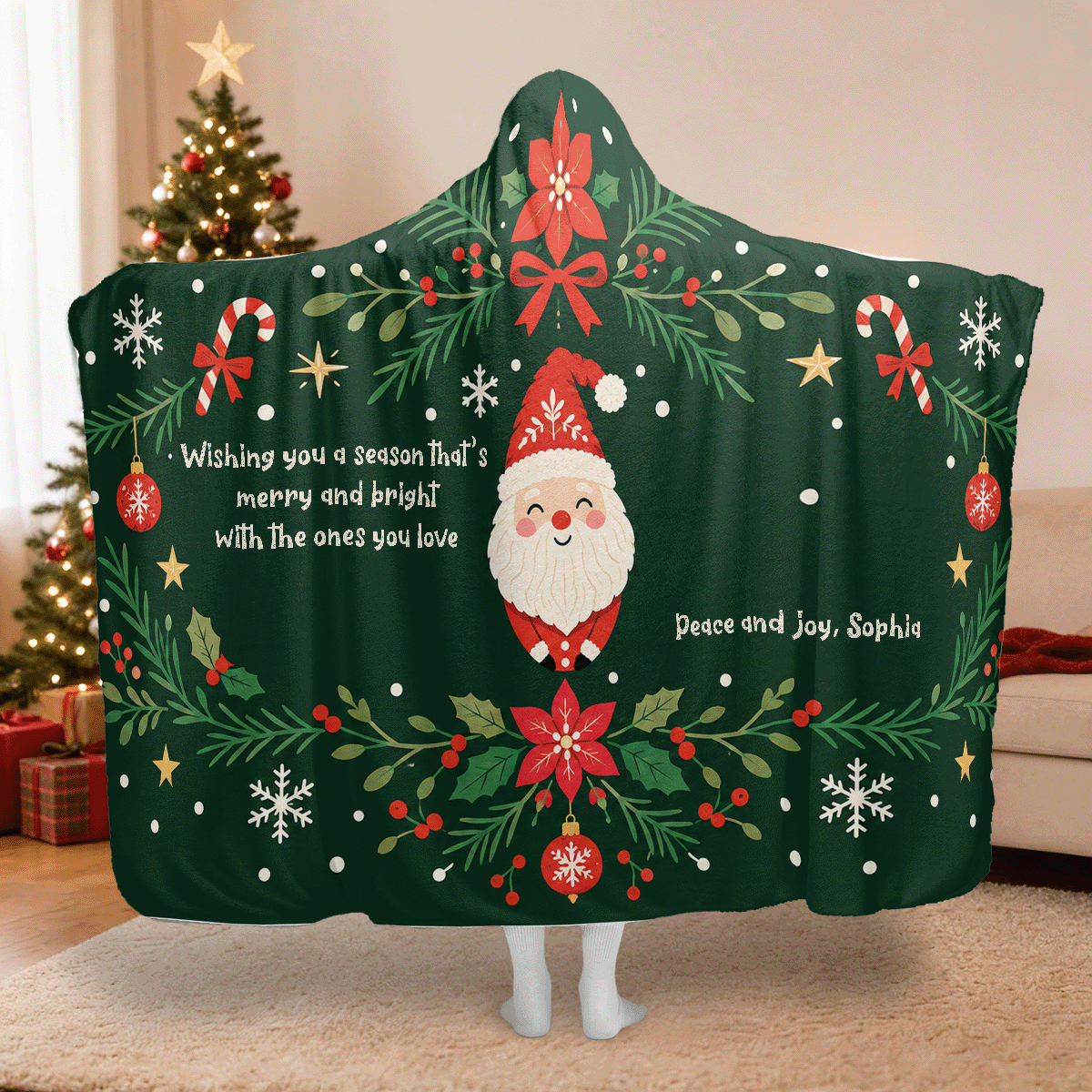 Personalized Santa poinsettia wreath message Christmas hooded blanket with custom name, back view