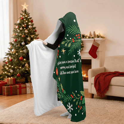 Personalized Santa poinsettia wreath message hooded blanket side view showing the sherpa lining