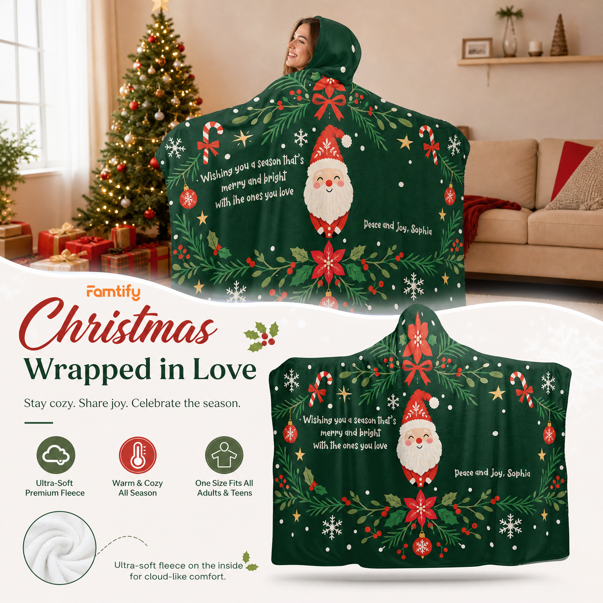 Custom name Santa poinsettia wreath message Christmas hooded blanket, view 3